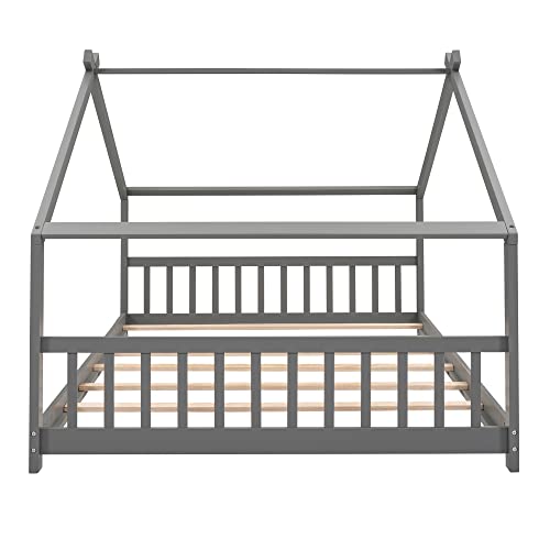 Merax Full Size Wooden House Bed With Roof, Gray #TOP5