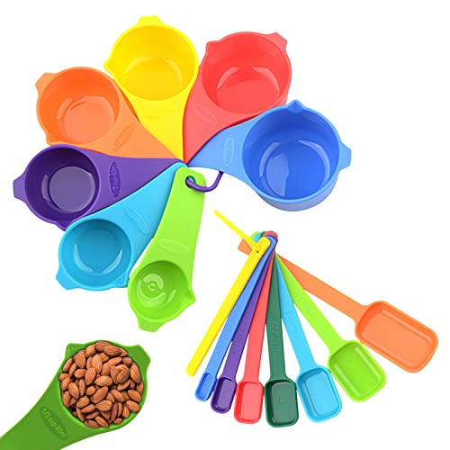 Cdemiy Measuring Spoons, 15 Pcs Plastic Measuring Cups and Spoons Set, Stackable Cup Measurements Set, Durable and Easy to Clean, for Dry Liquid Ingredients Measuring Kitchen Baking Cooking