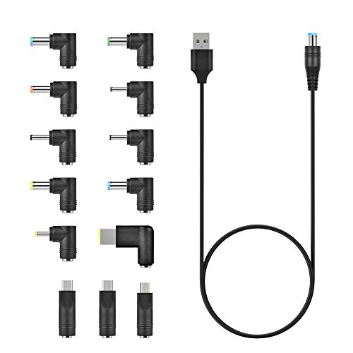 aceyoon 3A Cable USB vers DC 1m avec 13 Embouts DC Adapter 90 Degrés pour Chargeur Secteur 5.5 x 2.1mm DC Barrel Jack Universel Convertisseur de Prise Alimentation pour Laptops, Routeur etc