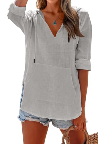 Ebifin Women's Beach Cover Up Hoodies Sweatshirt Long Sleeve V Neck Pocketed Hooded Shirt Top Grey3