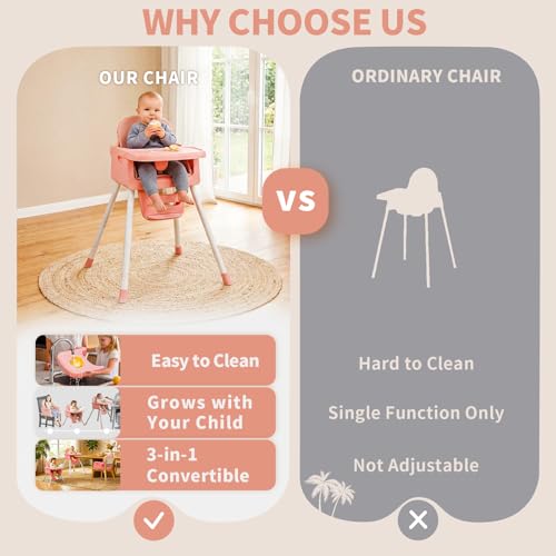 Image of 3-in-1 High Chair for Babies and Toddlers, Infant to Toddler Seating&Dining | Easy Clean Convertible Portable Dishwasher Tray 5-Point Harness Stable Non-Slip Feet Waterproof Seat Pad Pink