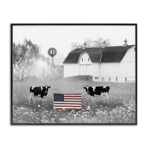 Americana Barn Cows Flag Farmhouse, 11 x 14 Inch Framed Giclée Print