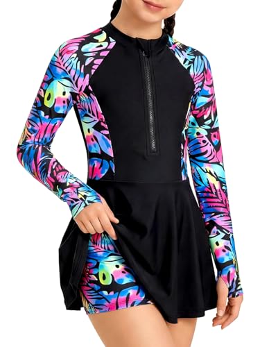 Image of HOZIY Girls Long Sleeve Swimsuit Two Piece Rash Guard Dress with Swim Shorts Front Zip for Kids Tween Teens UPF 50+