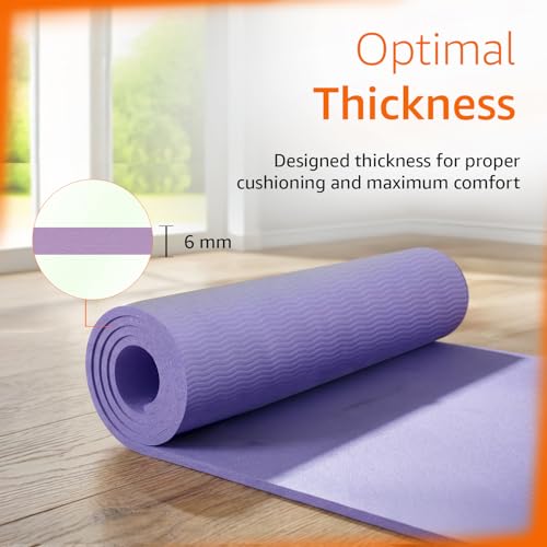Image of Amazon Basics TPE Yoga & Exercise Mat | 6 mm Thick | Non-Slip Grippy Surface | Lightweight & Durable Rubber-Like Material | Floor Protection | Ideal for Yoga, Pilates, Stretching & Fitness | 180 x 61 cm | Purple