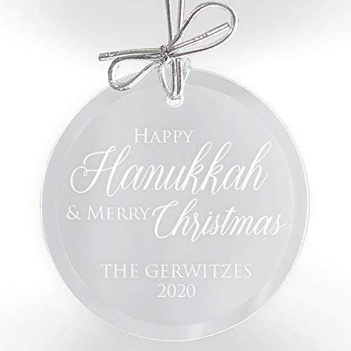 Lifetime Creations Personalized Hanukkah and Christmas Ornament - Engraved Christmukkah Happy Hanukkah Merry Christmas Glass Ornament with Bow and Gift Box, Gift for The Holidays