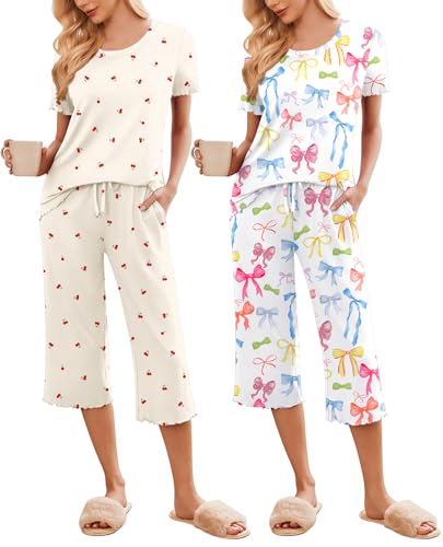 Image of Ekouaer 2 Pack: Women's Pajamas Set Short Sleeve Sleepwear Capri Pants Pjs Soft Loungewear with Pockets