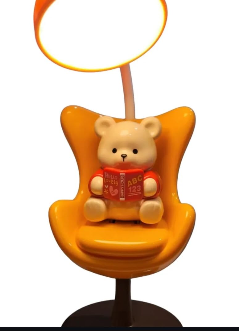 Cute Teddy Bear Table Lamp, Orange, Kids' Desk Light with Reading Bear on Chair Design-image-25