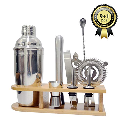 BEIAOSU, set da cocktail in acciaio inox, 750 ml, 10 accessori con base in bambù, mixer, per principianti, donne e uomini