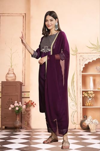 Image of LookMark Women's Silk Blend Embroidered Kurti Set with Bottom and Dupatta |Kurta Set for Women