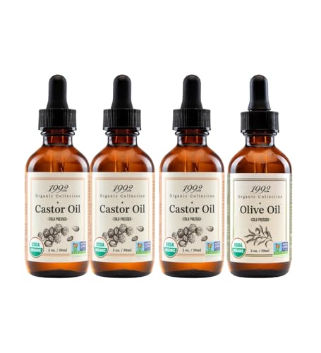 Image of 3x 1992 Organic Castor Oil Glass Bottle 2oz Bundle with Extra Virgin Olive Oil 2oz - Pressed, Organic & Versatile for Hair, Skin, Nails - Nourishes, Supports Daily Beauty Routine - Gift Set (4 Items)