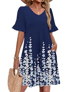 Zeagoo Kleider Damen Kurzarm V-Ausschnitt Sommerkleid Blumen Tunika Kleid Elegante A-Linie Minikleider mit Taschen Blau-Blumenmuster XXL