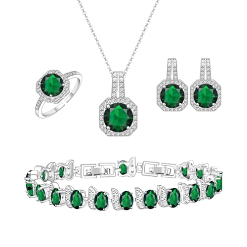 GZWHD Green Jewelry Set Emerald Necklace Stud Earrings Ring Bracelet Set for Women