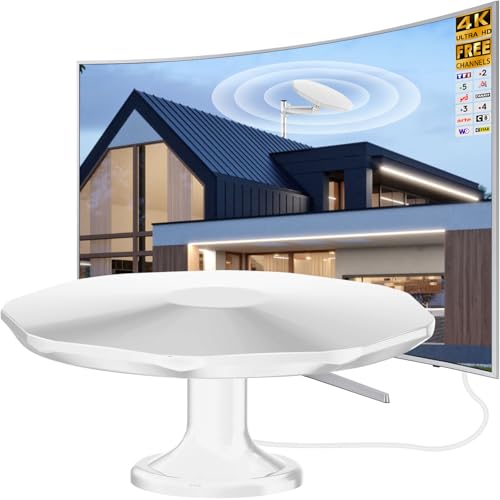 Antenne TV Extérieure, Antenne Camping Car Réception Omnidirectionnelle 360°, Canaux Locaux, Câble Coaxial de 32,8 ft 3 Modes de Fixation pour...