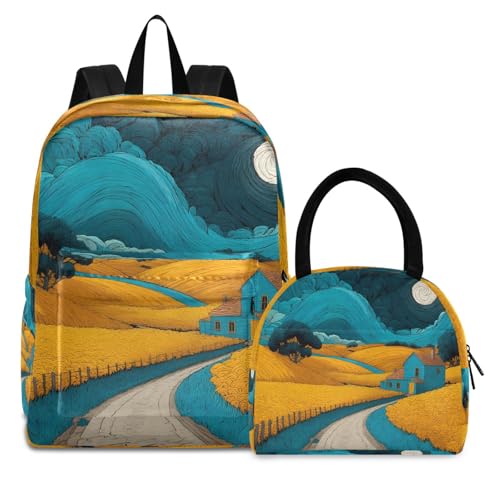 Backpack Lunch Bag Set Painting Countryside Print, Big Storage Travel Backpacks with Insulated Lunch Box for Office Hiking Picnic