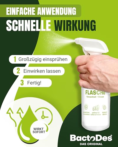 BactoDes Animal Geruchsneutralisierer 1L I Enzymreiniger mit biologischer Mikrobenkraft & Tiefenwirkung inkl. Spray-Mischflasche I Effektiver Geruchsentferner gegen Tierurin & starke Gerüche