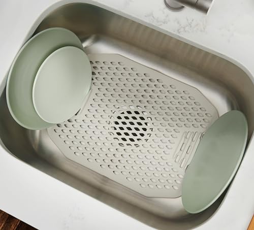 CLOROX KeptClean Folding Kitchen Sink Mat with Rinse Rack – 6 Built-in Dividers for Rinsing Plates, Lifts and Folds to Dispose Food Debris, Protects Sinks and Cushions Dishware – Almond Cream