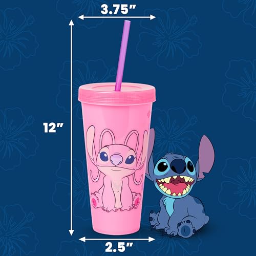 Silver Buffalo Disney Lilo and Stitch Angel Coconut Flowers 2 Pack Color Change Plastic Tumbler, 24-Ounce
