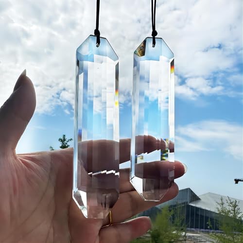 HDCRYSTALGIFTS Set 2 Crystal Suncatchers for Christmas Tree Ornaments, 120mm Large Prism Sun Catchers Windows Hanging Rainbow Maker Indoor Outdoor Garden Decor, Clear