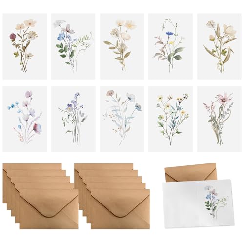HMCEY Lot de 10 Carte Voeux Fleur avec Enveloppe,Carte pour Ecrire Un Mot Anniversaire,Cartes Remerciement Mariage,Cartes de Voeux Fete de Fin D'Année,Carta Postale Vintage pour Message, Gratuite