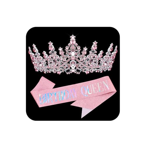 COCIDE Pink Birthday Sash and Crown for Women - Crystal Tiaras Decorations for Girl,Glitter Rhinestone Gifts Headband Sashes Decor,Coronas for Queen,Happy Birthday Accessories Party Favors