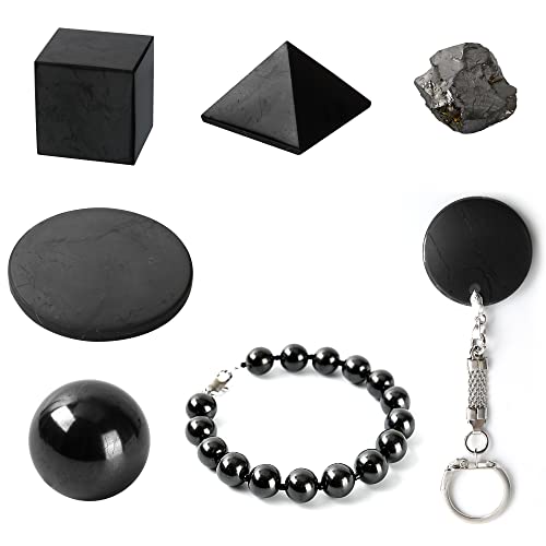Atmosure Pure Shungite EMF Protection Kit (7 PCs) — Polished Shungite Bracelet, Cube, Sphere, Pyramid, Magnet, Bracelet, Granule and Keychain — Elite Shungite Harmonizers for Men & Women