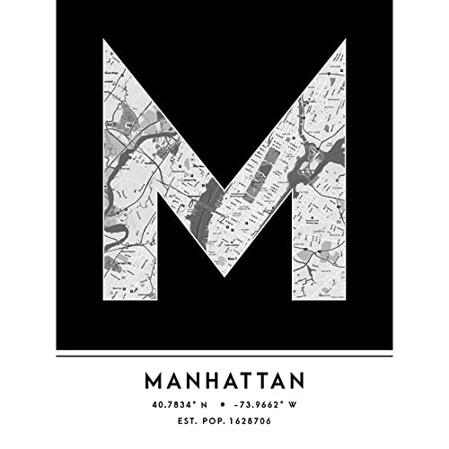 Wee Blue Coo Manhattan New York United States City Map Black & White Colour Block Modern Typography Stylish Letter Unframed Word Wall Art Print Poster for Home Décor CITYMAP1