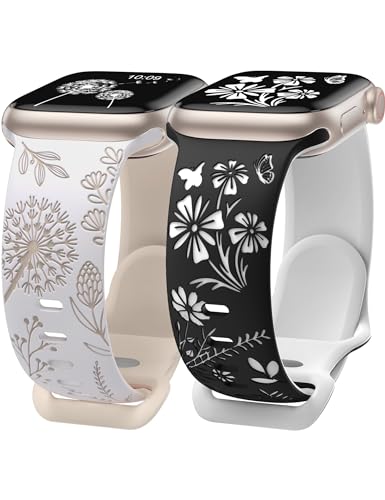 Wearlizer 2 Pack Floral Engraved Band Compatible with Apple Watch Bands 41mm 40mm 38mm Women, Cute Two-Tone Flower Soft Silicone Sport Strap for iWatch 9 8 7 6 5 4 3 2 1 SE Ultra 2-Variation 2