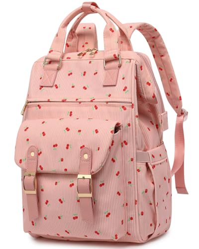 Lrenagao Mochilas para laptop para mulheres, bolsa de veludo cotelê para faculdade, bolsa de 15,6 polegadas para laptop para meninas, mochila de viagem, Rosa cereja, Large, Tradicional