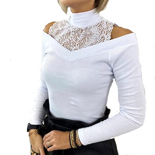 ZRDSZWZ Affidabile elegante dolcevita camicetta Top Sexy Off spalla pizzo scava fuori donne Camicie Patchwork manica lunga Solid Top Blusa (Colore: Bianco, Taglia: XXL)