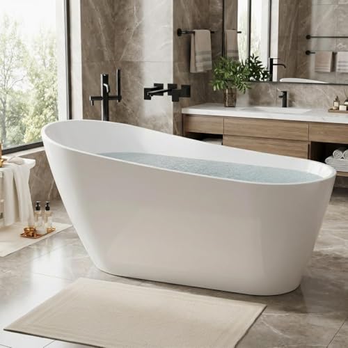 Image of GarveeHome 67'' Acrylic Freestanding Bathtub, Deep Soaking Tub, Non-Slip Upright Bathtub for Adults, cUPC Certified Bath, Chrome Drain, Modern, Bathroom, Scratch Resistant White Tub