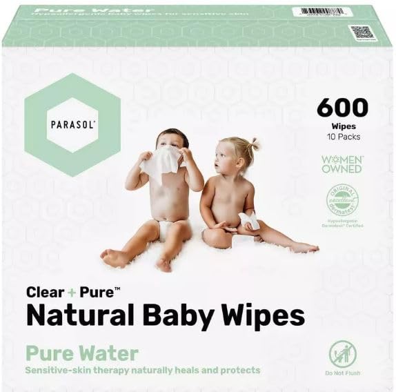 Parasol Clear+Pure Natural Unscented Baby Wipes, 600 Count, 10 Packs of 60 Wipes