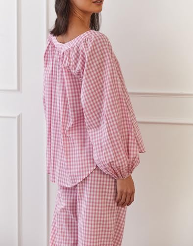 Image of Argeousgor Women Plaid 2 Piece Pajama Set Button Down Puff Sleeve Babydoll Shirt Gingham Pants Pj Lounge Set Sleepwear