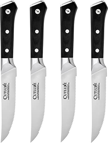 Buy 1 get 1 CUTLUXE Steak Knives - Serrated Steak Knife Set of 4 – Forged High Carbon German Steel – Full Tang – Ergonomic Handle Design – Artisan Series
