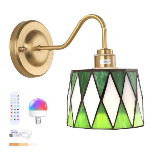Image of Shenmoyl Vintage Battery Operated Wall Sconce with Remote, Rechargeable LED Wall Lamp 3 Colors Dimmable, Gold Wall Lights Fixture for Bedroom Bathroom Living Room Hallway Green Checker