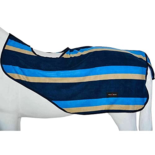 Image of Horse Master Striped Fleece Exercise Sheet - Equestrian Lightweight Stable Rugs with Tail Flap - Breathable Walker Blanket for Horse Competition Riding Outdoor Yards Fields, Navy Blue/Cream, M