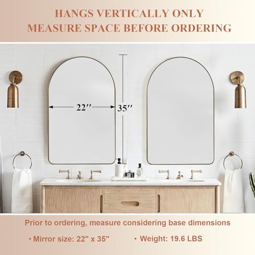 Image of ANDY STAR Arched Mirror, 22 inch x 35 inch Gold Bathroom Mirror in Stainless Steel Metal Frame, Arch Top Rounded Corner 1 inch Deep Set Design Wall Mount Hangs Vertical