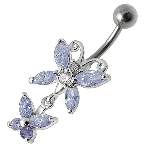 Lavender Cz Gemstone Stylish Double Butterfly Dangling 925 Sterling Silver Belly Ring Body Jewelry #TOP1