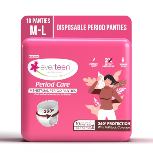 Image of everteen Period Care M-L Disposable Period Panties For Women, Cottony Soft, Menstrual Sanitary Pads Panty Enriched with Goodness of Neem and Safflower - 1 Pack (10 Panties) 2x Faster Absorption, 360 Protection
