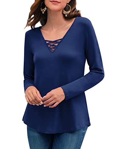 Feiersi Womens Casual Long Sleeve Criss Cross Tunic Tops Loose Blouse Shirt (Navy Blue,Large)