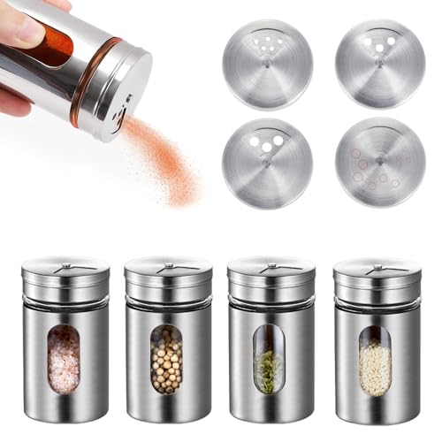 Gewürzdosen,4 Stück Gewürzstreuer Edelstahl,Gewürzstreuer Glas,Gewürzdose,Gewürzgläser mit Streueinsatz,Gewürzbehälter für Gewürze Küchenutensilien,Mit Sichtfenster und 3 Verschiedenen Lochgrößen,80ml
