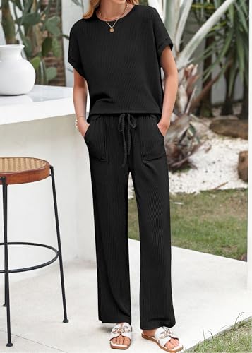 KIRUNDO 2 Piece Sets for Women Dressy Casual Ribbed Knit Short Sleeve Tops Wide Leg Pants Lounge Set Travel Airport Outfits(Black, Large)