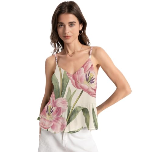Débardeur ample femme col en V imprimé tulipes vintage à bretelles réglables