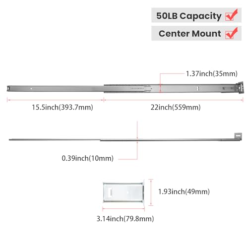homdiy 5 Pcs 22 Inch Heavy Duty Center Mount Drawer Slides for Cabinet and Dresser Bottom Mount Drawer Slides 3/4 Extension Glide Track