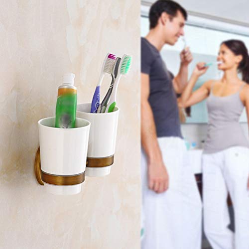 Doitool Toothbrush Holder For Bathroom, Vintage Antique Copper Double Cup Holder Wall Mounted Toothbrush Tumbler Rack Ceramic Cups Holders For Home Bathroom Hotel #TOP2