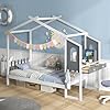 Komfott twin house bed with desk wood montessori bed frame with house roof canopy 2 drawers modern playhouse bed with fence for kids teens girls boys no box spring needed white gray  urban country home decor
