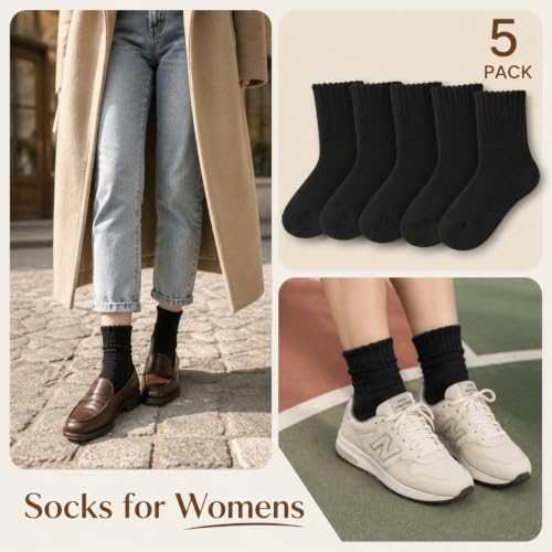 Image of Winter Women Socks 5 Pairs Vintage Wool Casual Thermal Crew Socks