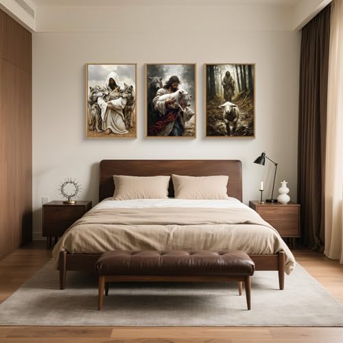 Image of KAIRNE Jesus Lost Lamb Framed Canvas Wall Art Set,Vintage Shepherd Protect a Lamb from Wolves Wall Decor,Retro Religious Bible Faith Artwork for Living Room,Bedroom,Church-24 x36 x3