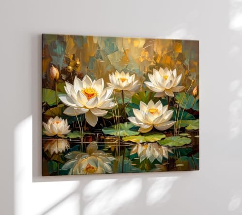 Image of ArtX White Lotus Painting For Wall Vastu, Canvas Painting for Living Room, Premium Floral Wall Painting, Gallery Wrapped, Home, Bedroom & Office Wall Decor | 45 x 58 cm