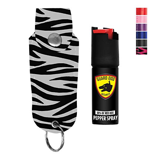 Guard Dog Security Pepper Spray Keychain, Red Hot Self Defense Spray with UV Dye - Choose a Leather Holster Color, Zebra - Black/White