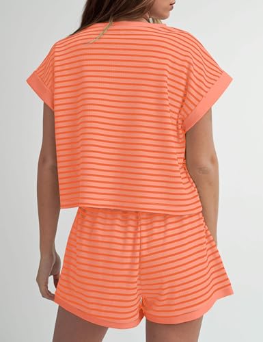Burtell Women Summer 2 Piece Lounge Sets Striped Short Sleeve Tee Shirts Mini Shorts Loungewear Shorts Set Ribbed Pajama Set — view 2
